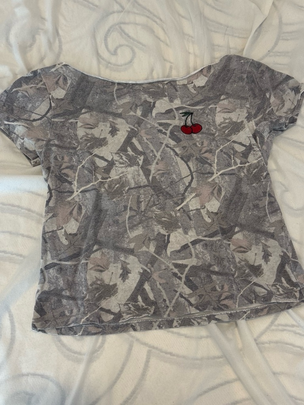 Aeropostale Gray Leaf-Print Crop Top with Red Cherry Patch
